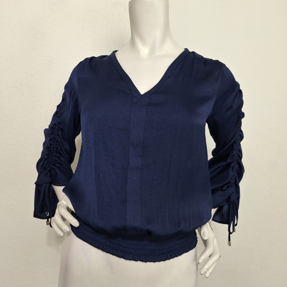 Philosophy "NEW" Navy Blue Preppy Business Casual Academia Ruched Blouse Size XS